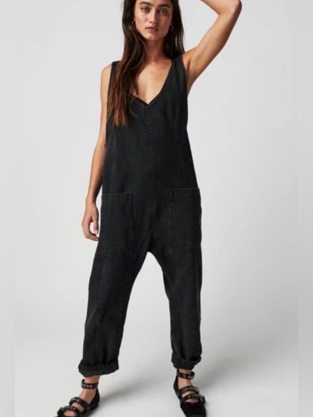 Free People We The Free High Roller Corduroy Jumpsuit Boho Black Women’s SZ S